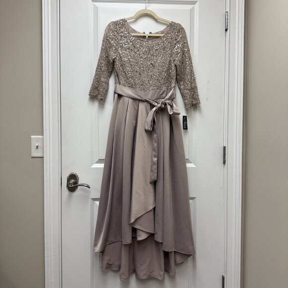 New ALEX EVENINGS Size 4 Beige Sequined-Bodice High-Low Gown Cocktail Dress Midi - Picture 4 of 15
